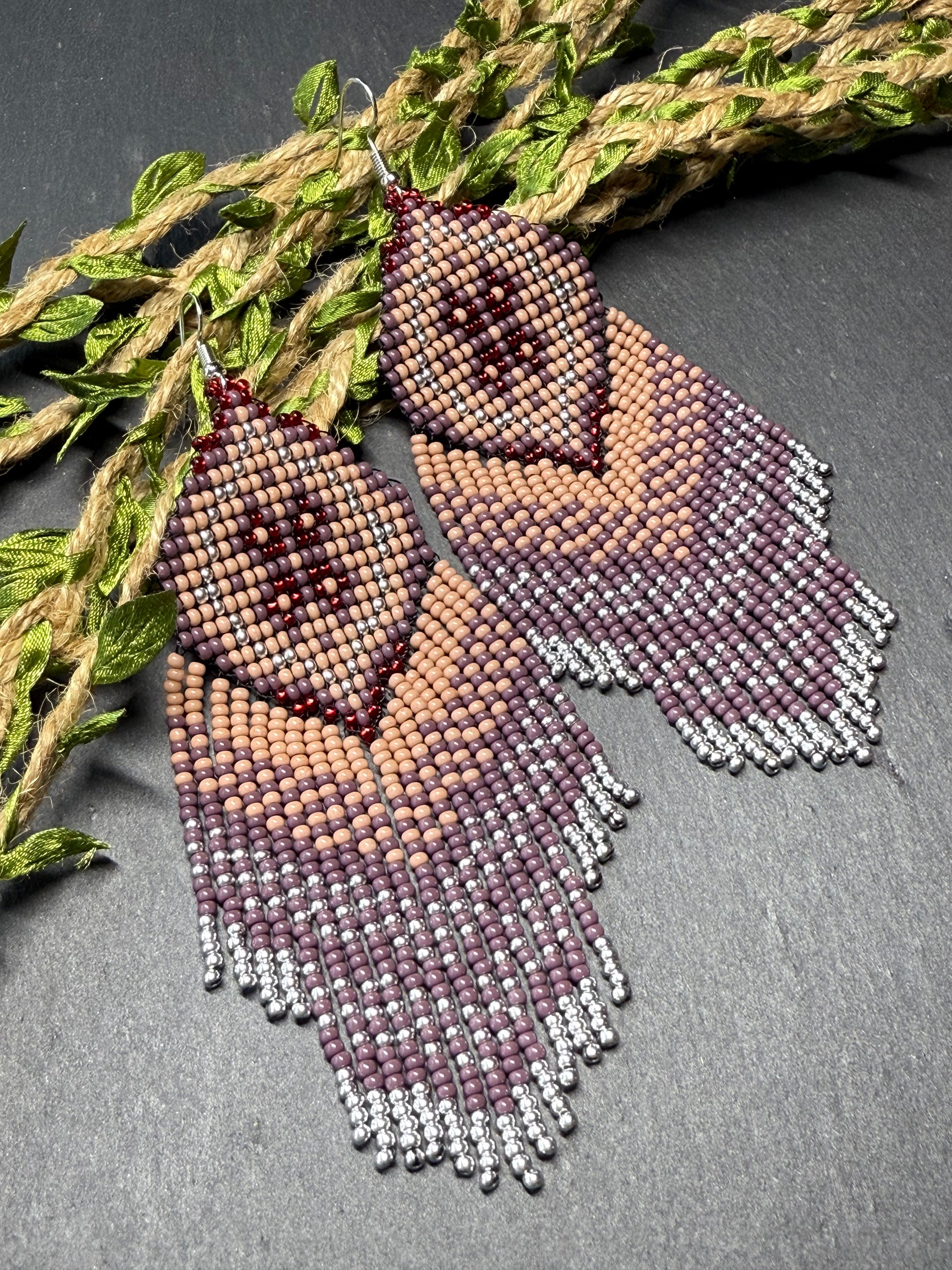 Handmade boho purple and beige beaded earrings with movable fringe. Unique bright statement jewelry with Native American-inspired design and artistic beadwork image 14