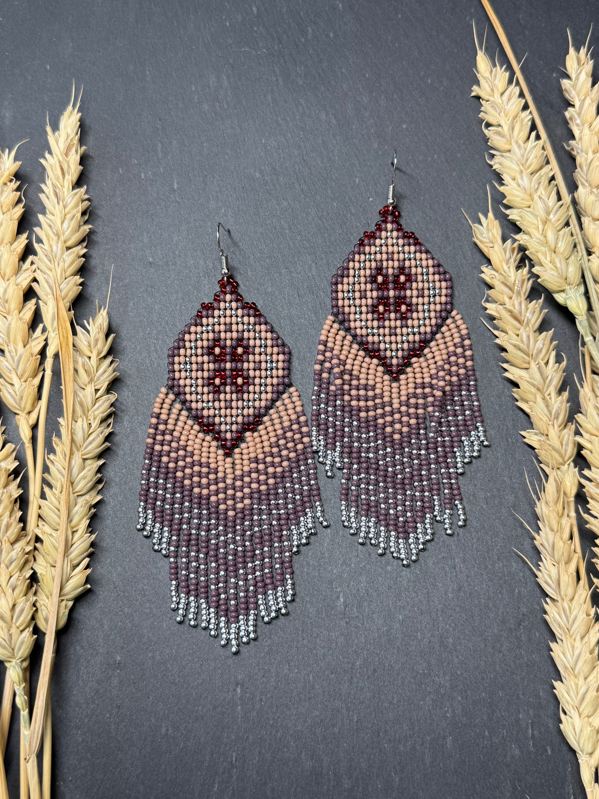 Handmade boho purple and beige beaded earrings with movable fringe. Unique bright statement jewelry with Native American-inspired design and artistic beadwork image 15
