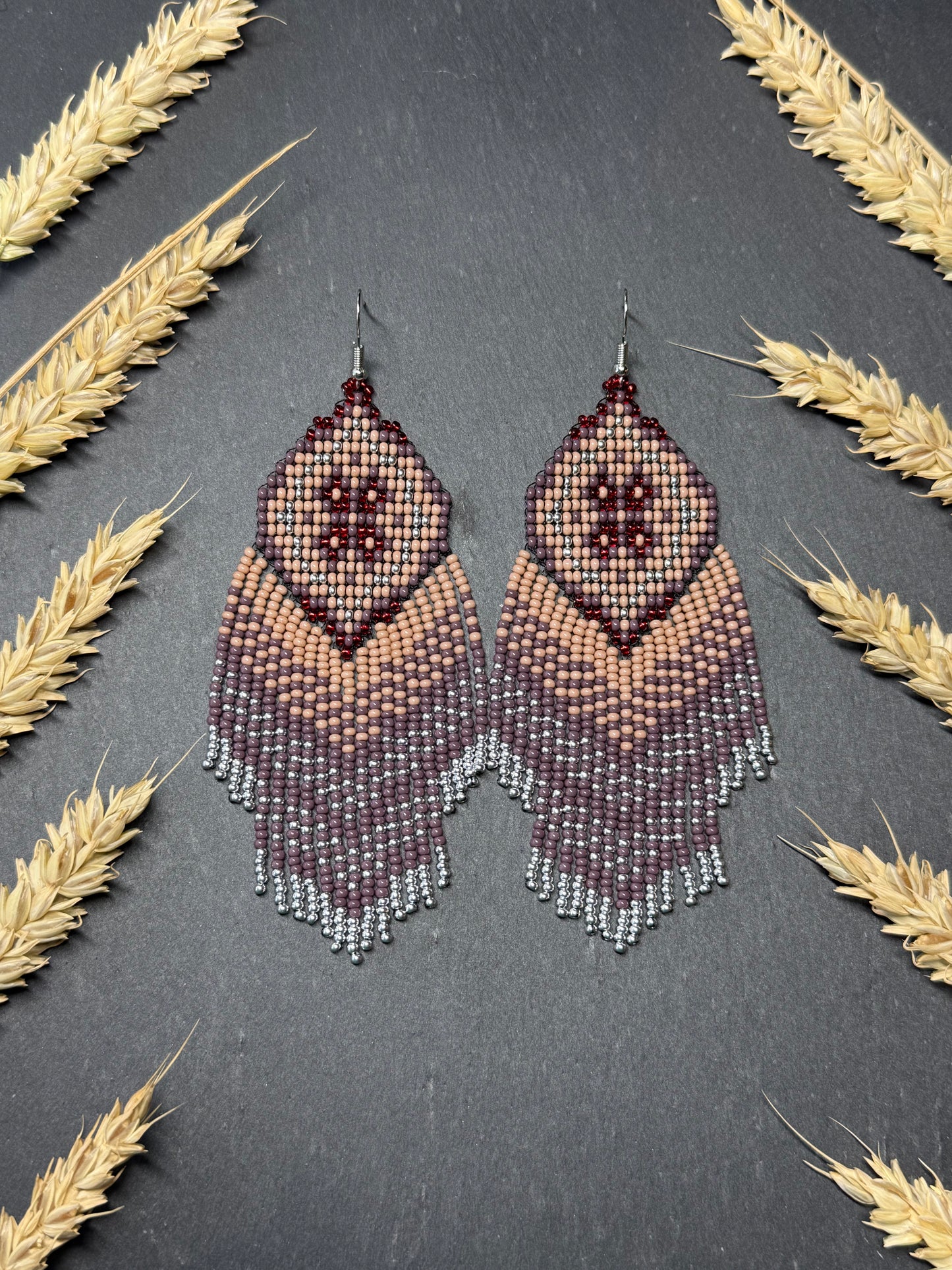 Handmade boho purple and beige beaded earrings with movable fringe. Unique bright statement jewelry with Native American-inspired design and artistic beadwork image 16