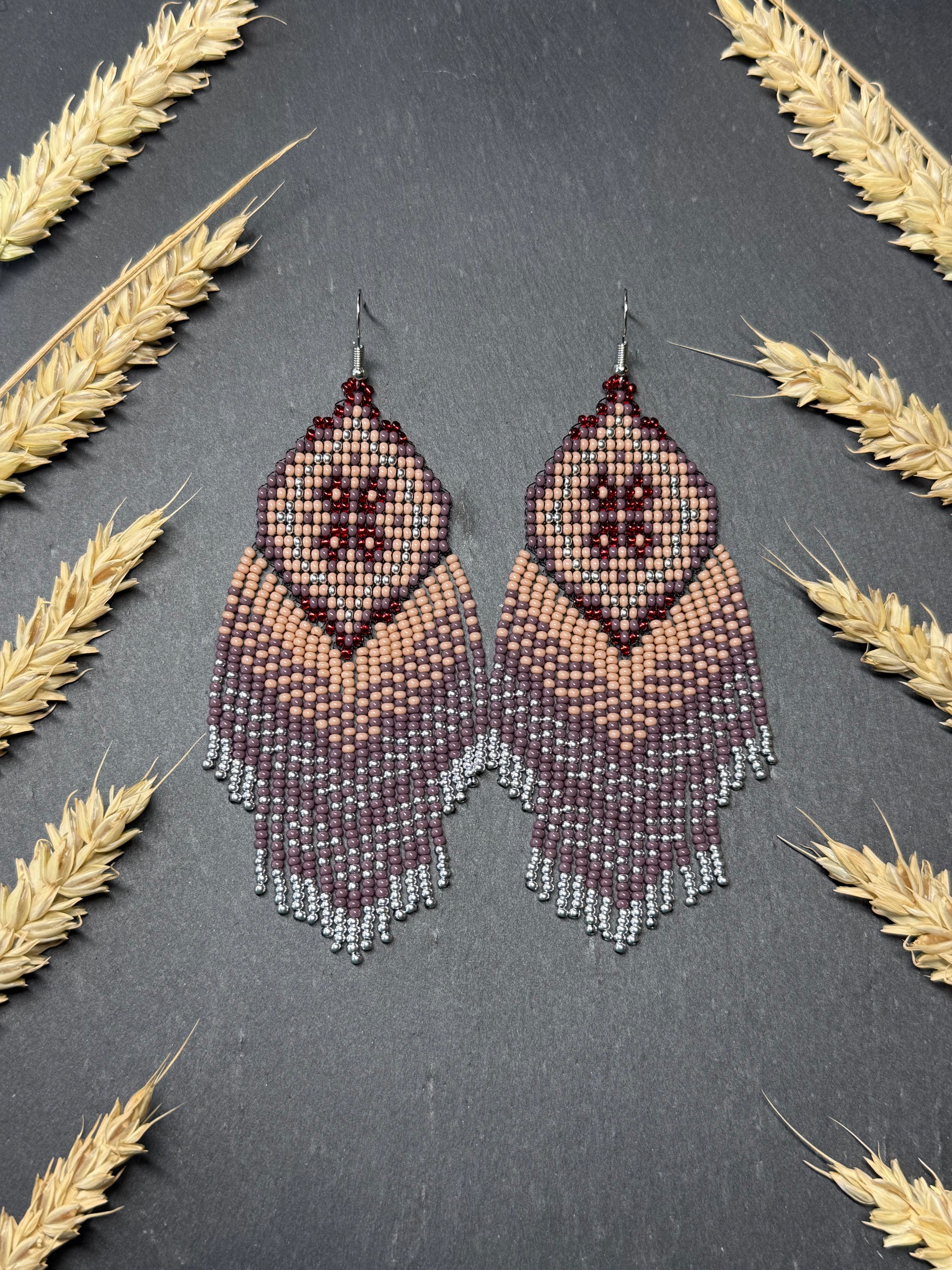 Handmade boho purple and beige beaded earrings with movable fringe. Unique bright statement jewelry with Native American-inspired design and artistic beadwork image 16
