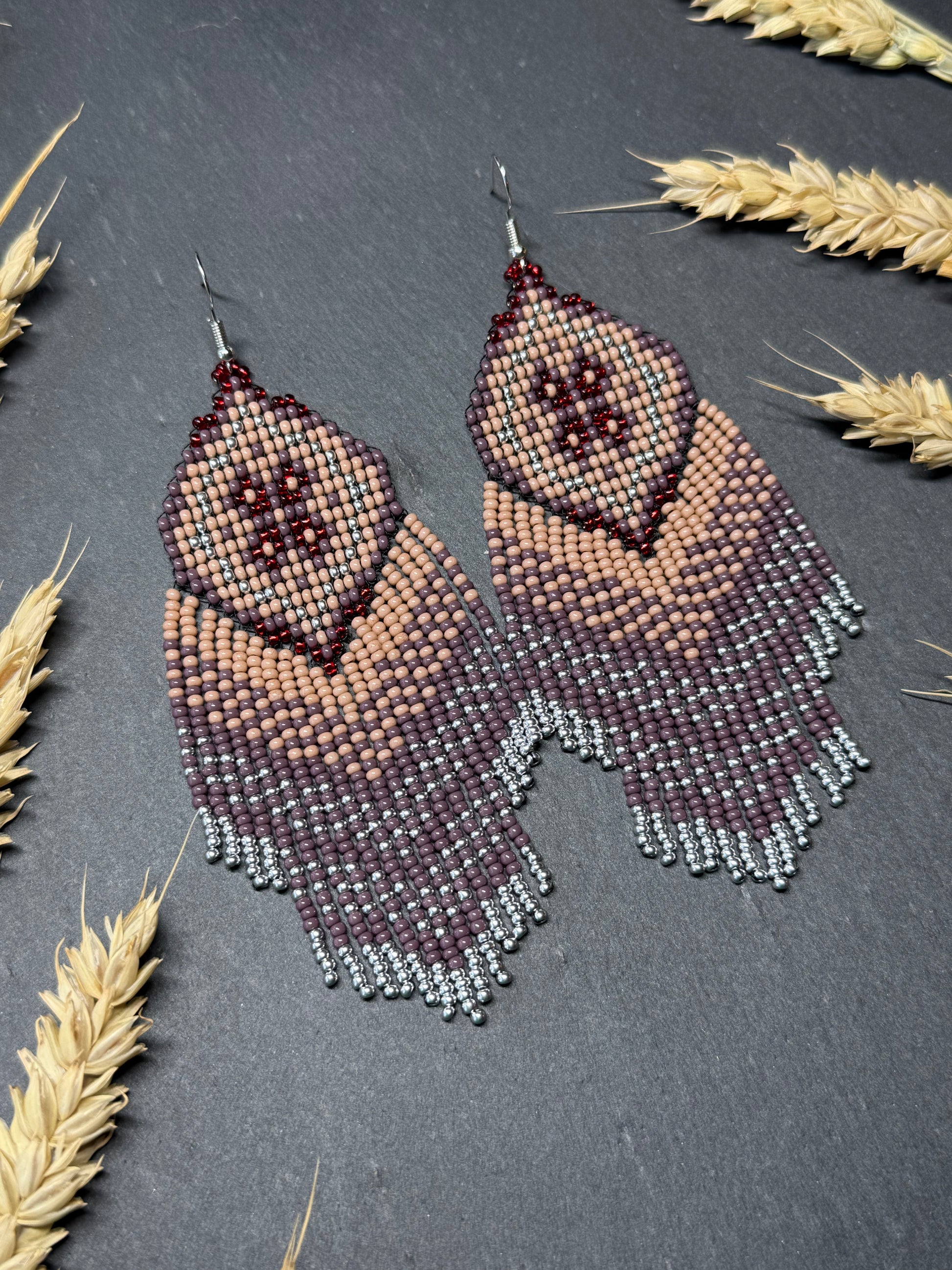 Handmade boho purple and beige beaded earrings with movable fringe. Unique bright statement jewelry with Native American-inspired design and artistic beadwork image 17