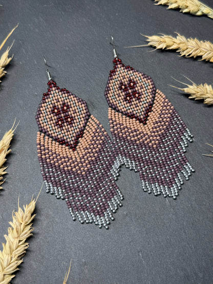 Handmade boho purple and beige beaded earrings with movable fringe. Unique bright statement jewelry with Native American-inspired design and artistic beadwork image 17