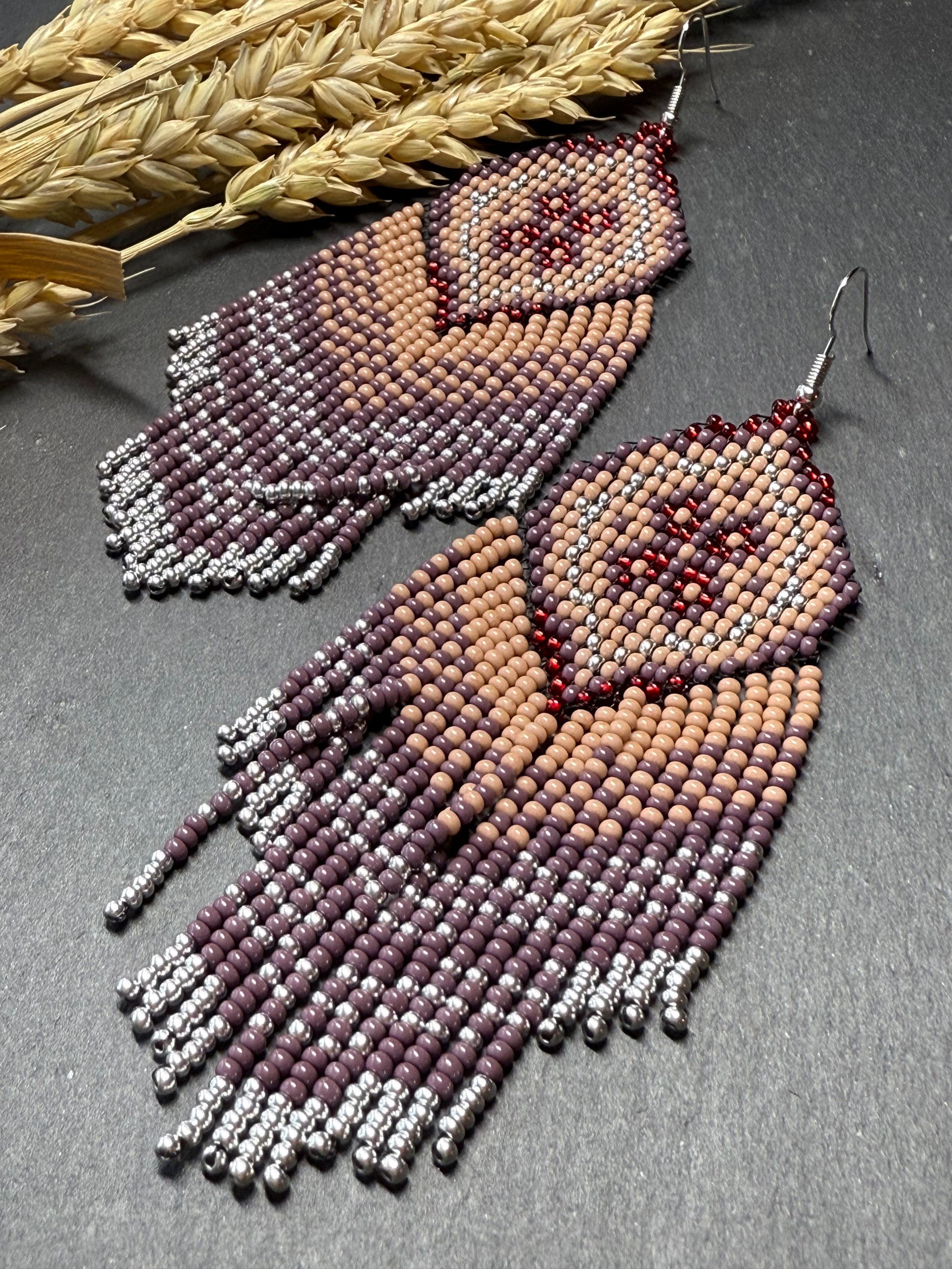 Handmade boho purple and beige beaded earrings with movable fringe. Unique bright statement jewelry with Native American-inspired design and artistic beadwork image 18
