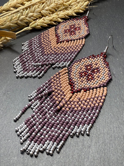 Handmade boho purple and beige beaded earrings with movable fringe. Unique bright statement jewelry with Native American-inspired design and artistic beadwork image 18
