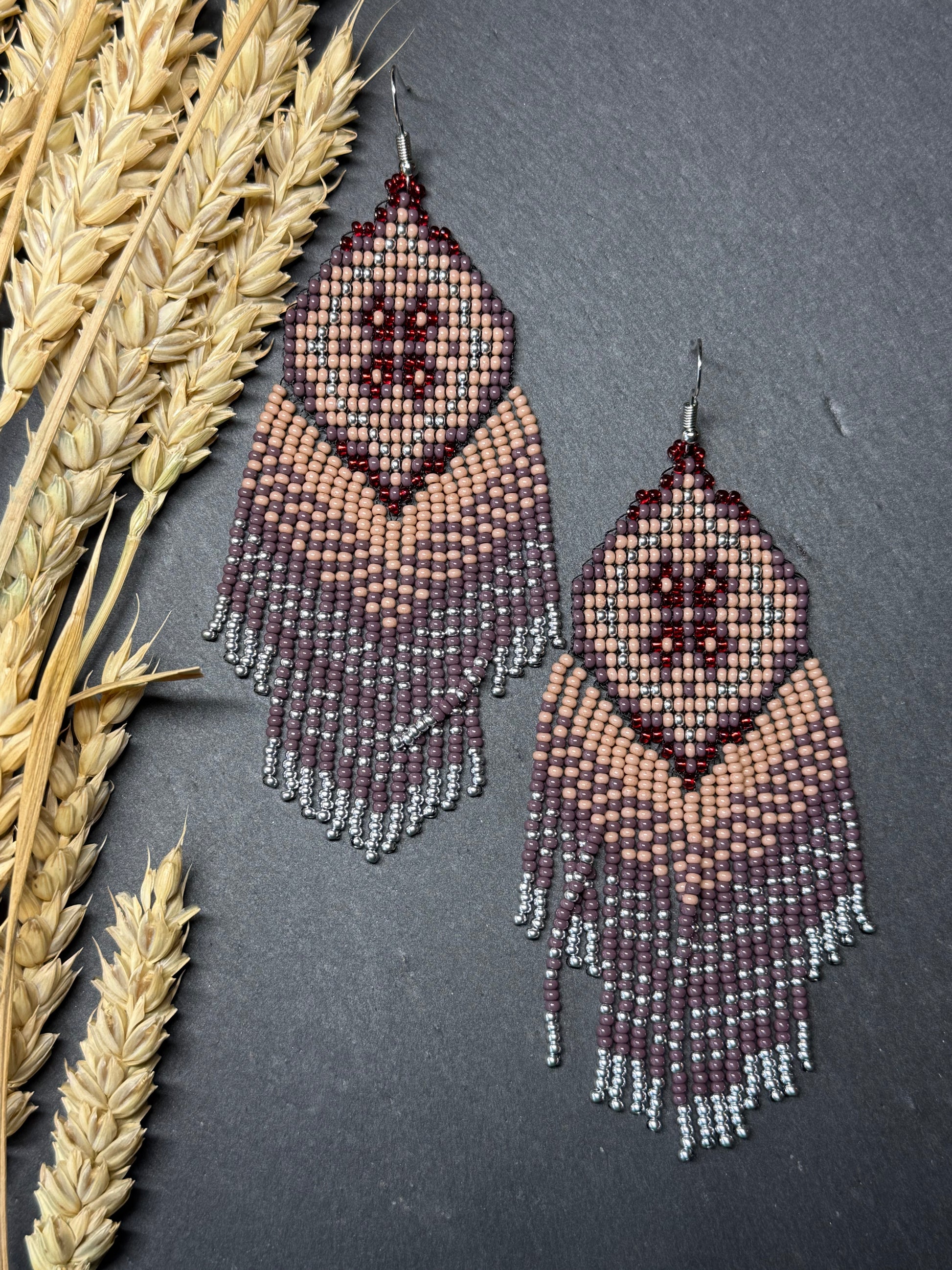 Handmade boho purple and beige beaded earrings with movable fringe. Unique bright statement jewelry with Native American-inspired design and artistic beadwork image 19