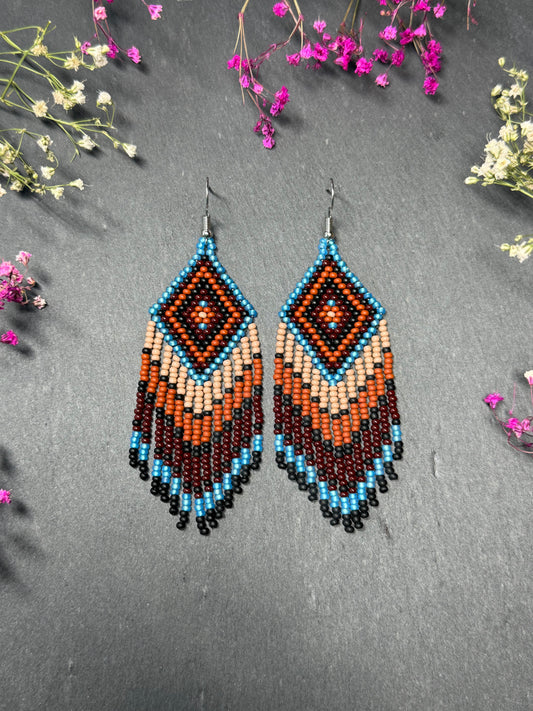 Handmade blue and brown beaded fringe earrings with geometric style. Unique bright boho statement jewelry with Native-inspired design and artisan beadwork image 1