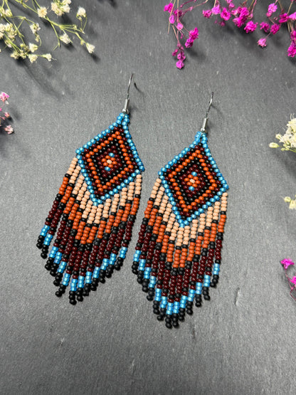 Handmade blue and brown beaded fringe earrings with geometric style. Unique bright boho statement jewelry with Native-inspired design and artisan beadwork image 3