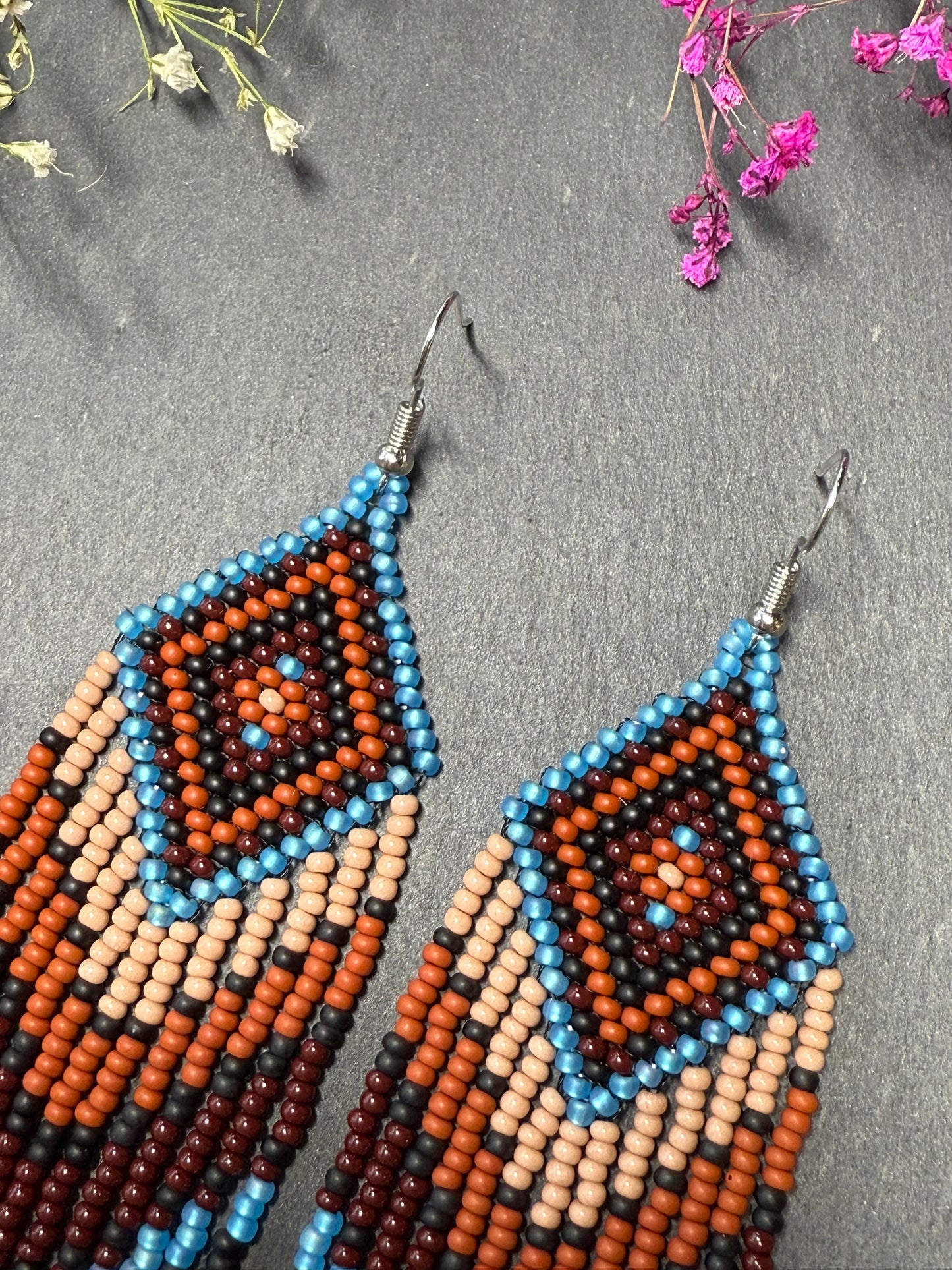 Handmade blue and brown beaded fringe earrings with geometric style. Unique bright boho statement jewelry with Native-inspired design and artisan beadwork image 4