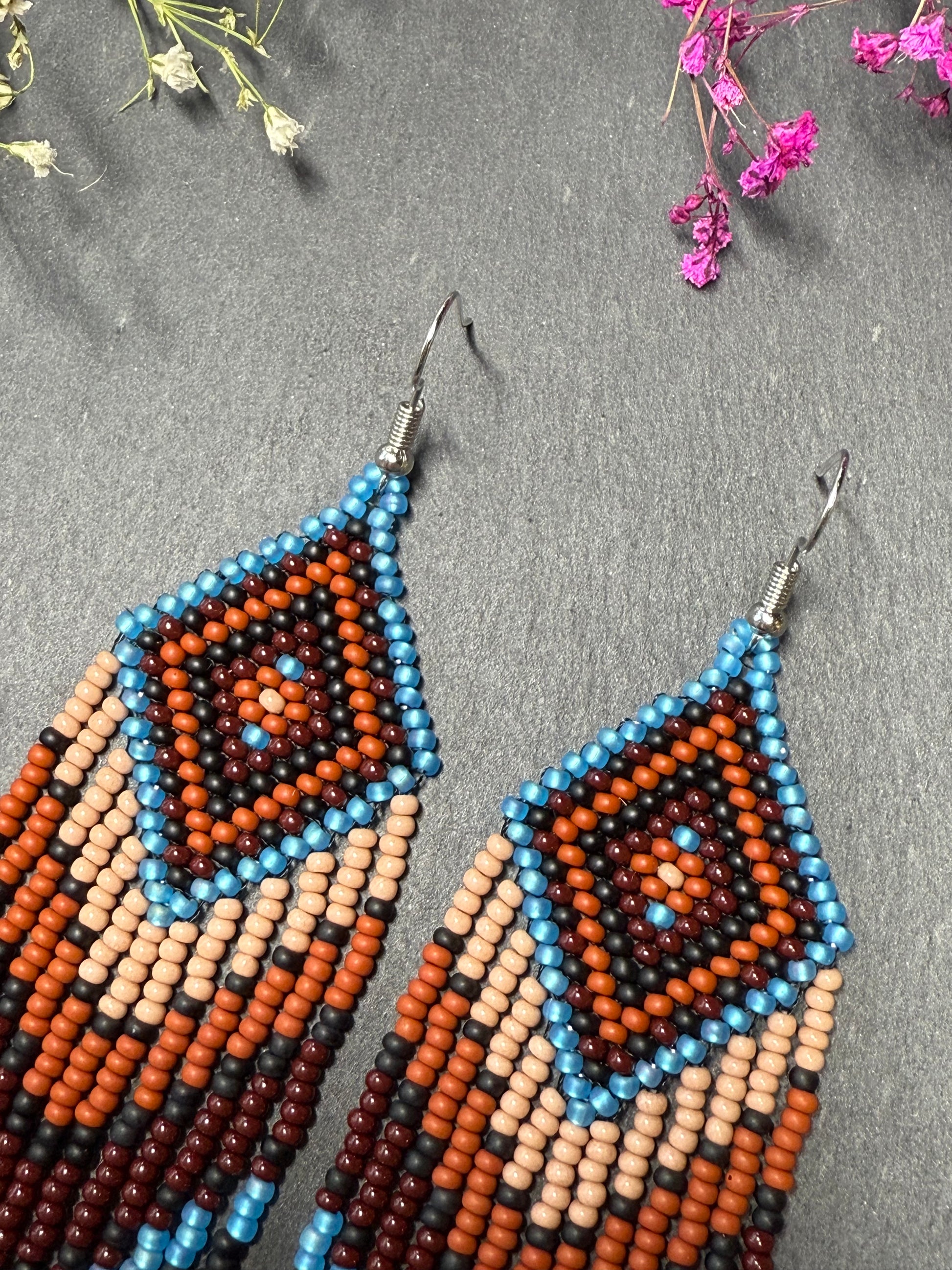 Handmade blue and brown beaded fringe earrings with geometric style. Unique bright boho statement jewelry with Native-inspired design and artisan beadwork image 4