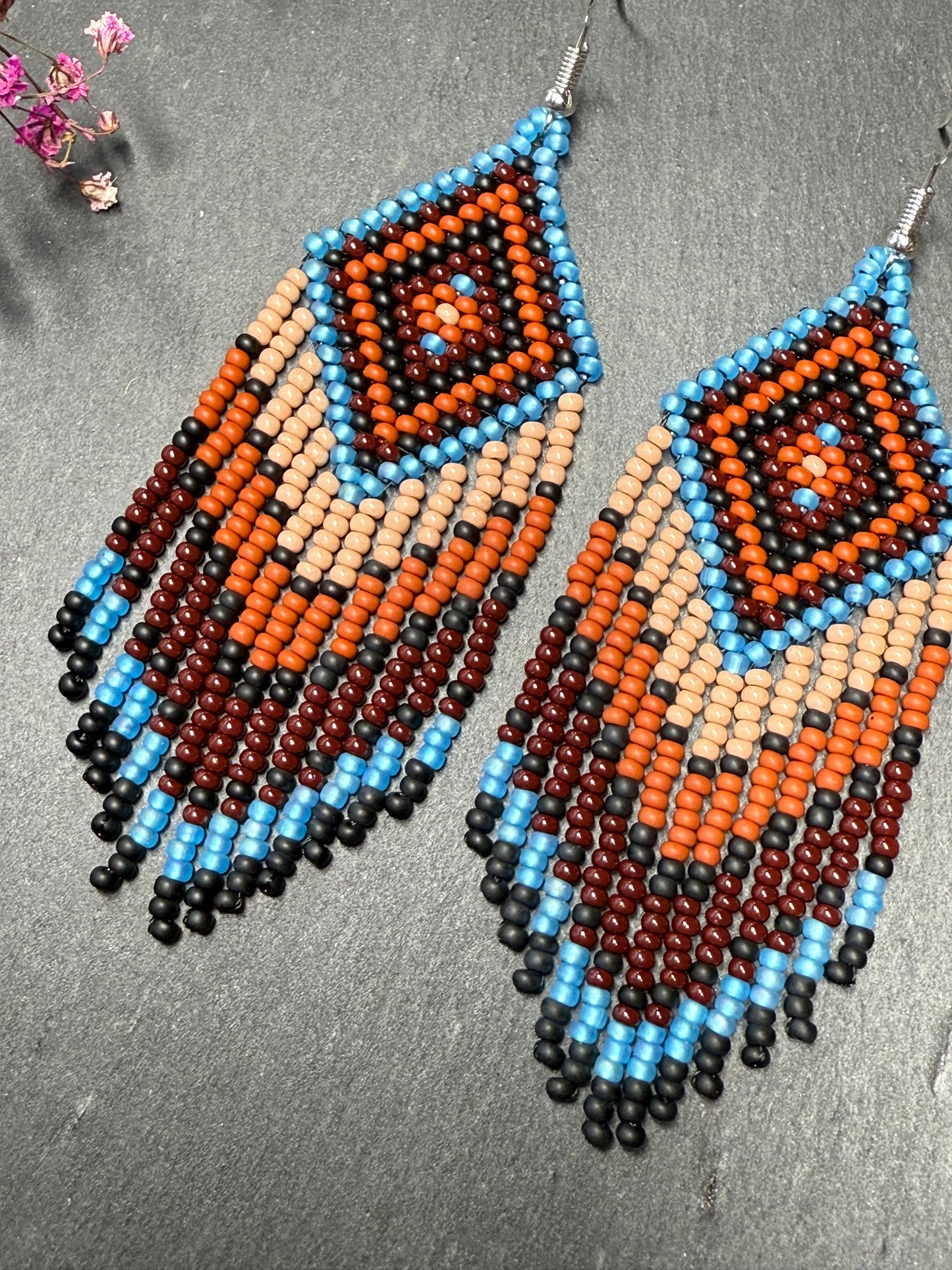 Handmade blue and brown beaded fringe earrings with geometric style. Unique bright boho statement jewelry with Native-inspired design and artisan beadwork image 5