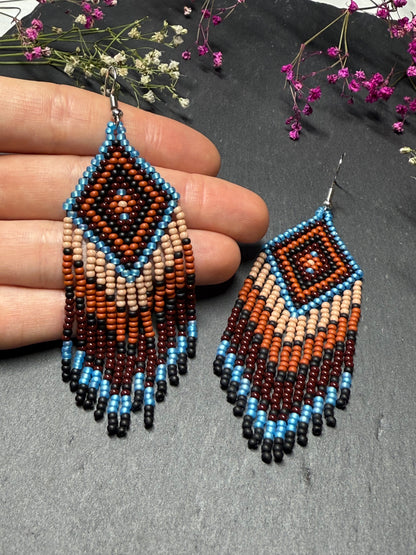 Handmade blue and brown beaded fringe earrings with geometric style. Unique bright boho statement jewelry with Native-inspired design and artisan beadwork image 6