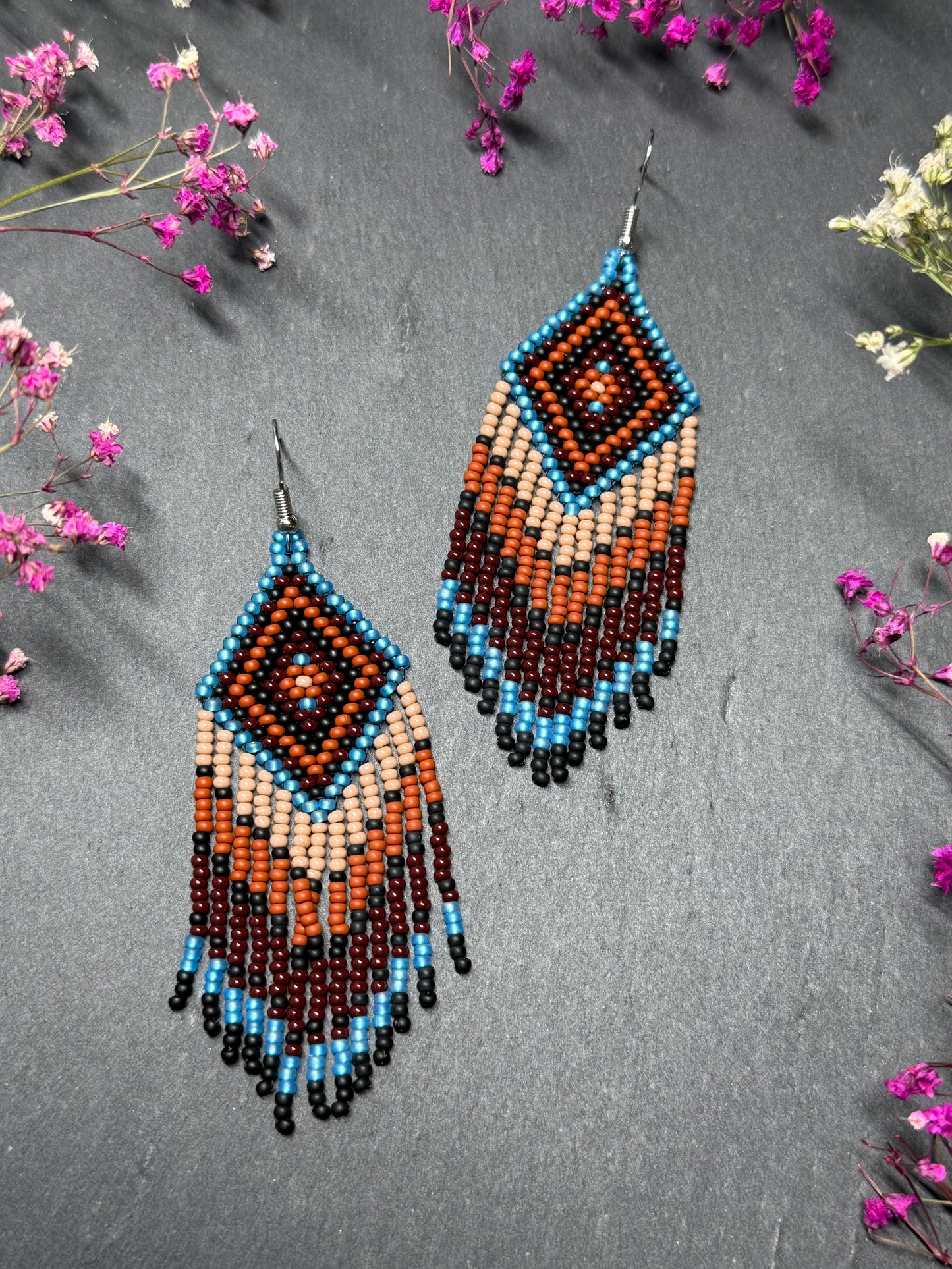 Handmade blue and brown beaded fringe earrings with geometric style. Unique bright boho statement jewelry with Native-inspired design and artisan beadwork image 7