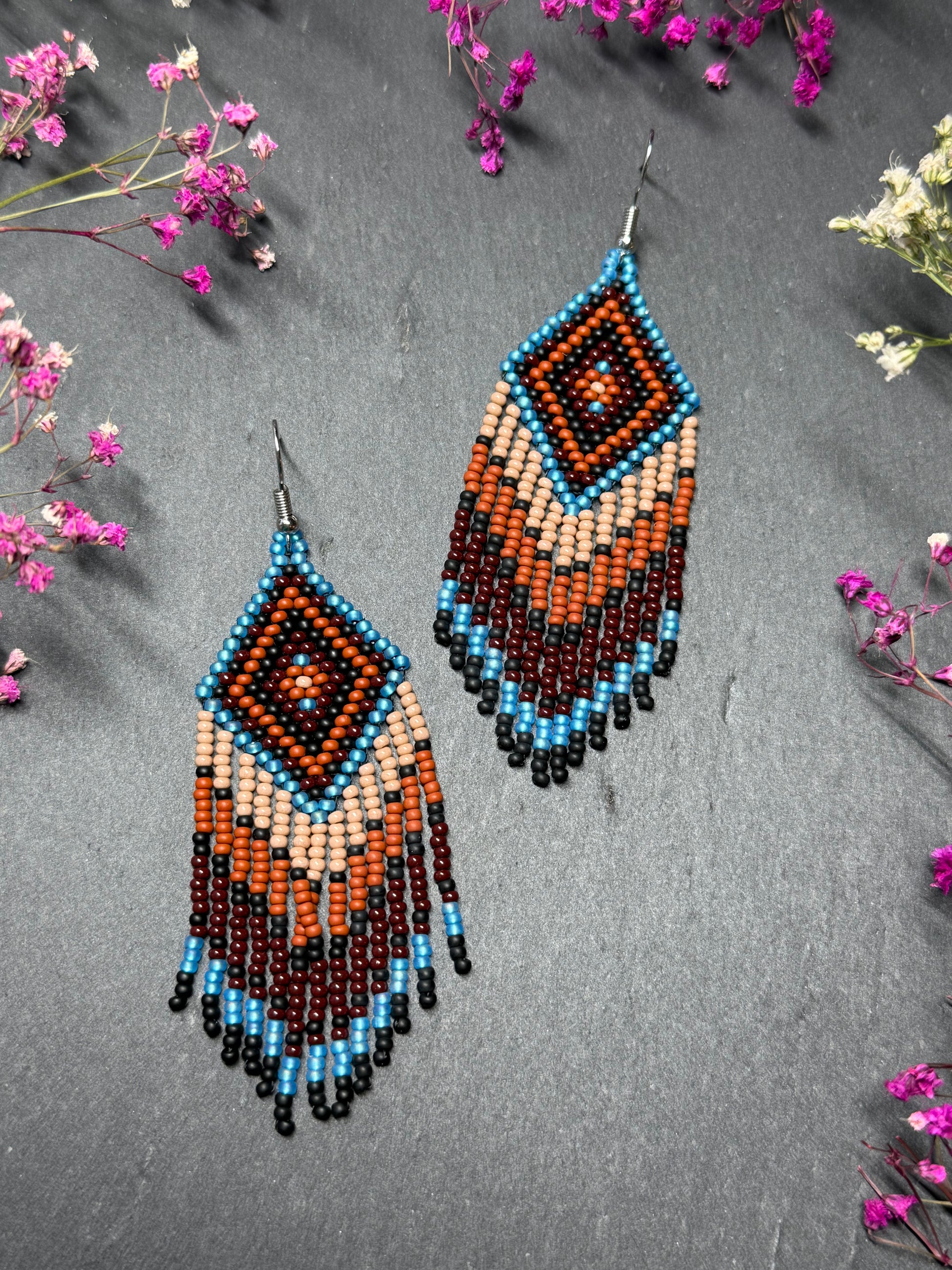 Handmade blue and brown beaded fringe earrings with geometric style. Unique bright boho statement jewelry with Native-inspired design and artisan beadwork image 7