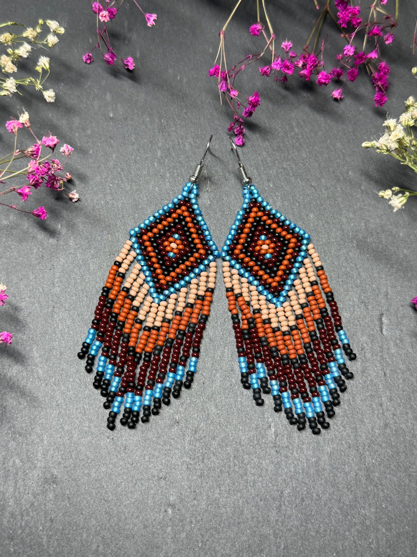 Handmade blue and brown beaded fringe earrings with geometric style. Unique bright boho statement jewelry with Native-inspired design and artisan beadwork image 8