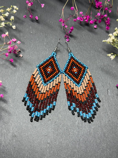 Handmade blue and brown beaded fringe earrings with geometric style. Unique bright boho statement jewelry with Native-inspired design and artisan beadwork image 8