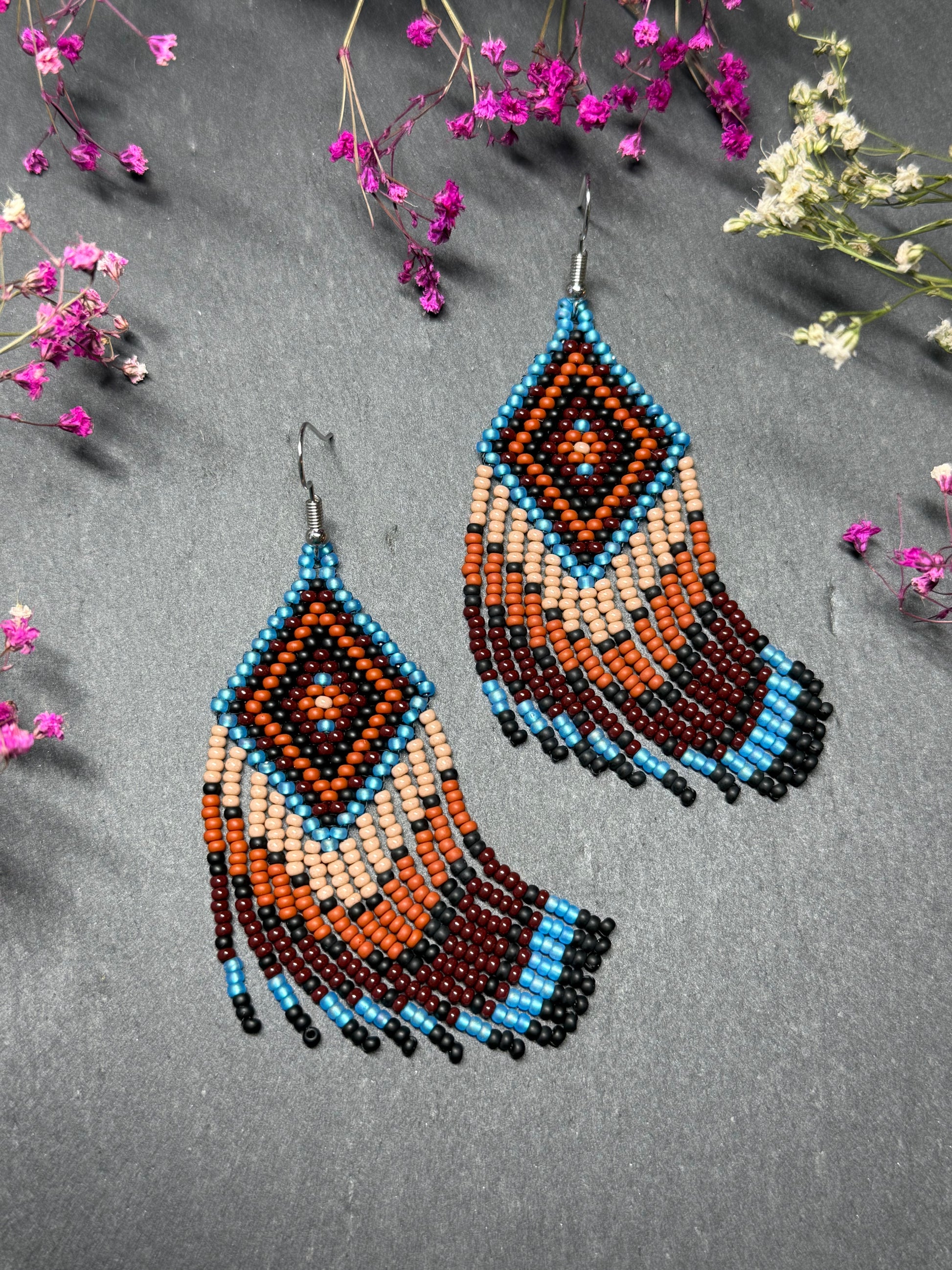 Handmade blue and brown beaded fringe earrings with geometric style. Unique bright boho statement jewelry with Native-inspired design and artisan beadwork image 10