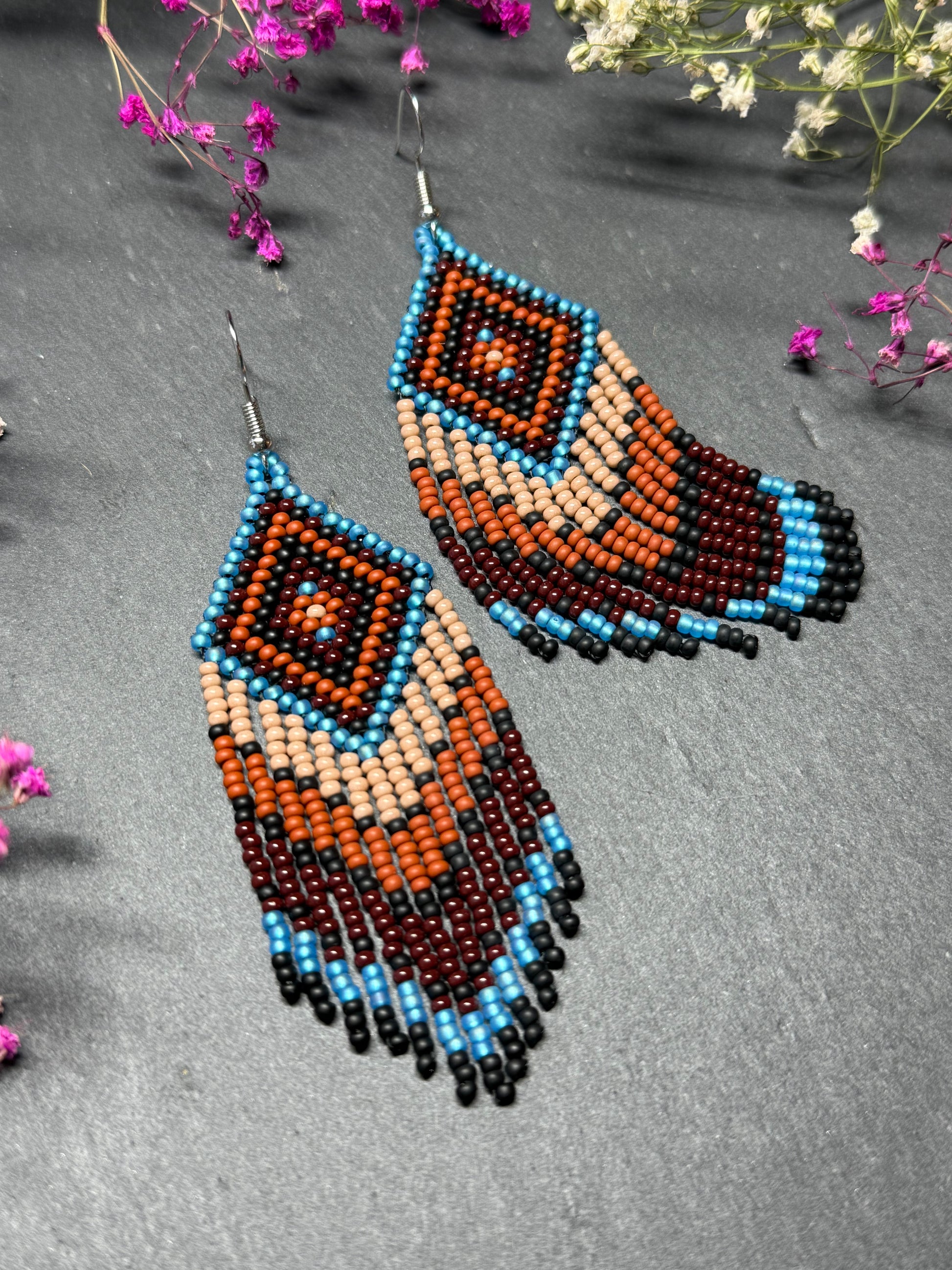 Handmade blue and brown beaded fringe earrings with geometric style. Unique bright boho statement jewelry with Native-inspired design and artisan beadwork image 11