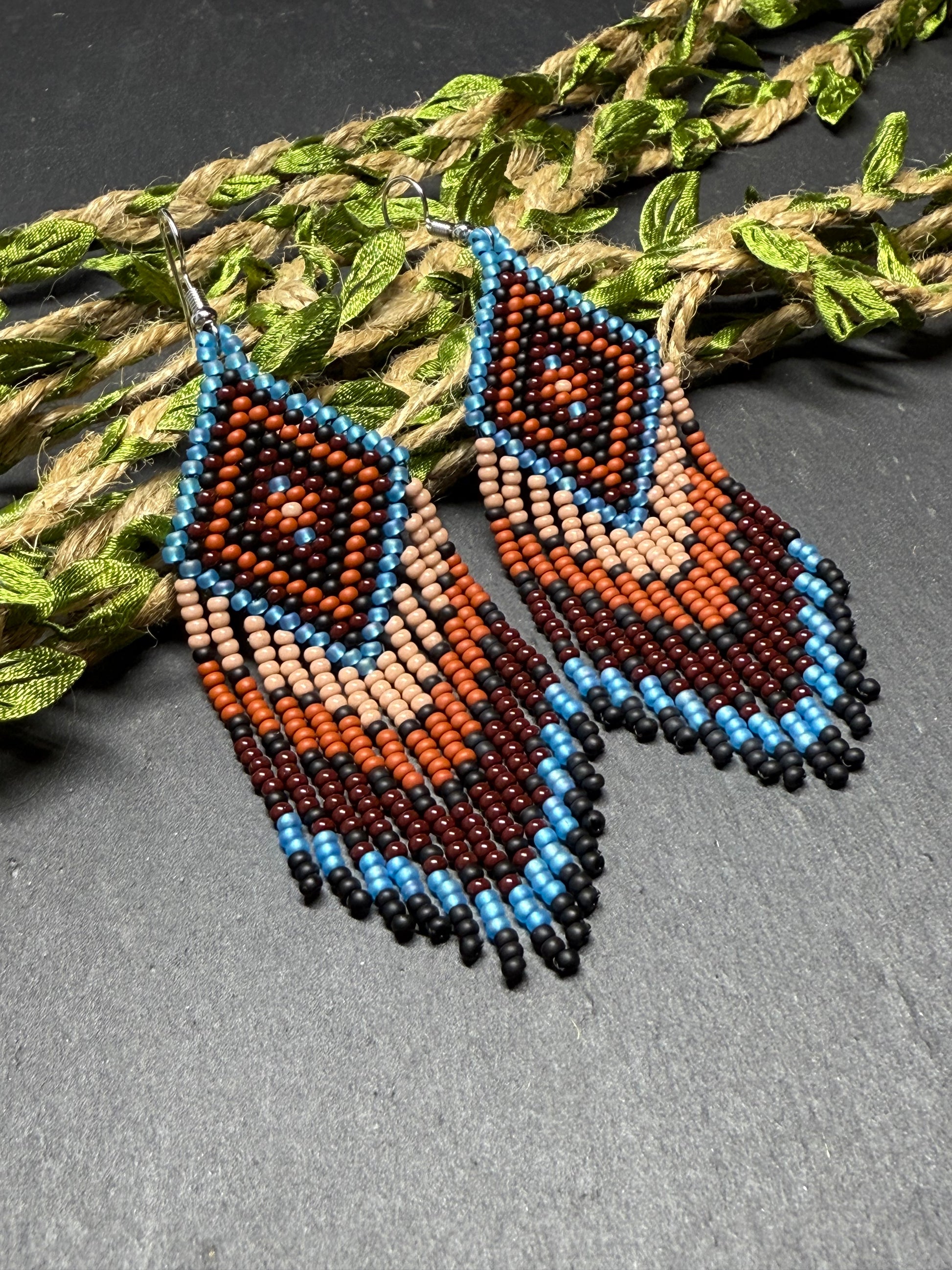Handmade blue and brown beaded fringe earrings with geometric style. Unique bright boho statement jewelry with Native-inspired design and artisan beadwork image 12