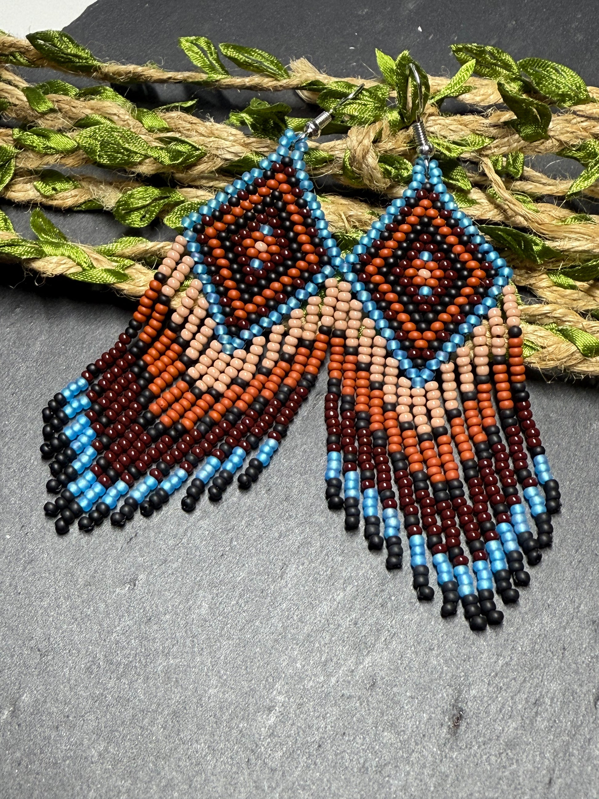 Handmade blue and brown beaded fringe earrings with geometric style. Unique bright boho statement jewelry with Native-inspired design and artisan beadwork image 13