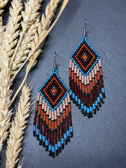 Handmade blue and brown beaded fringe earrings with geometric style. Unique bright boho statement jewelry with Native-inspired design and artisan beadwork image 16