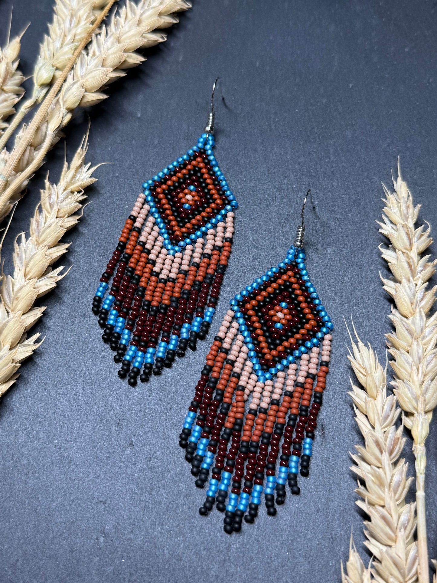 Handmade blue and brown beaded fringe earrings with geometric style. Unique bright boho statement jewelry with Native-inspired design and artisan beadwork image 15