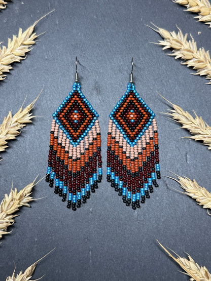 Handmade blue and brown beaded fringe earrings with geometric style. Unique bright boho statement jewelry with Native-inspired design and artisan beadwork image 14