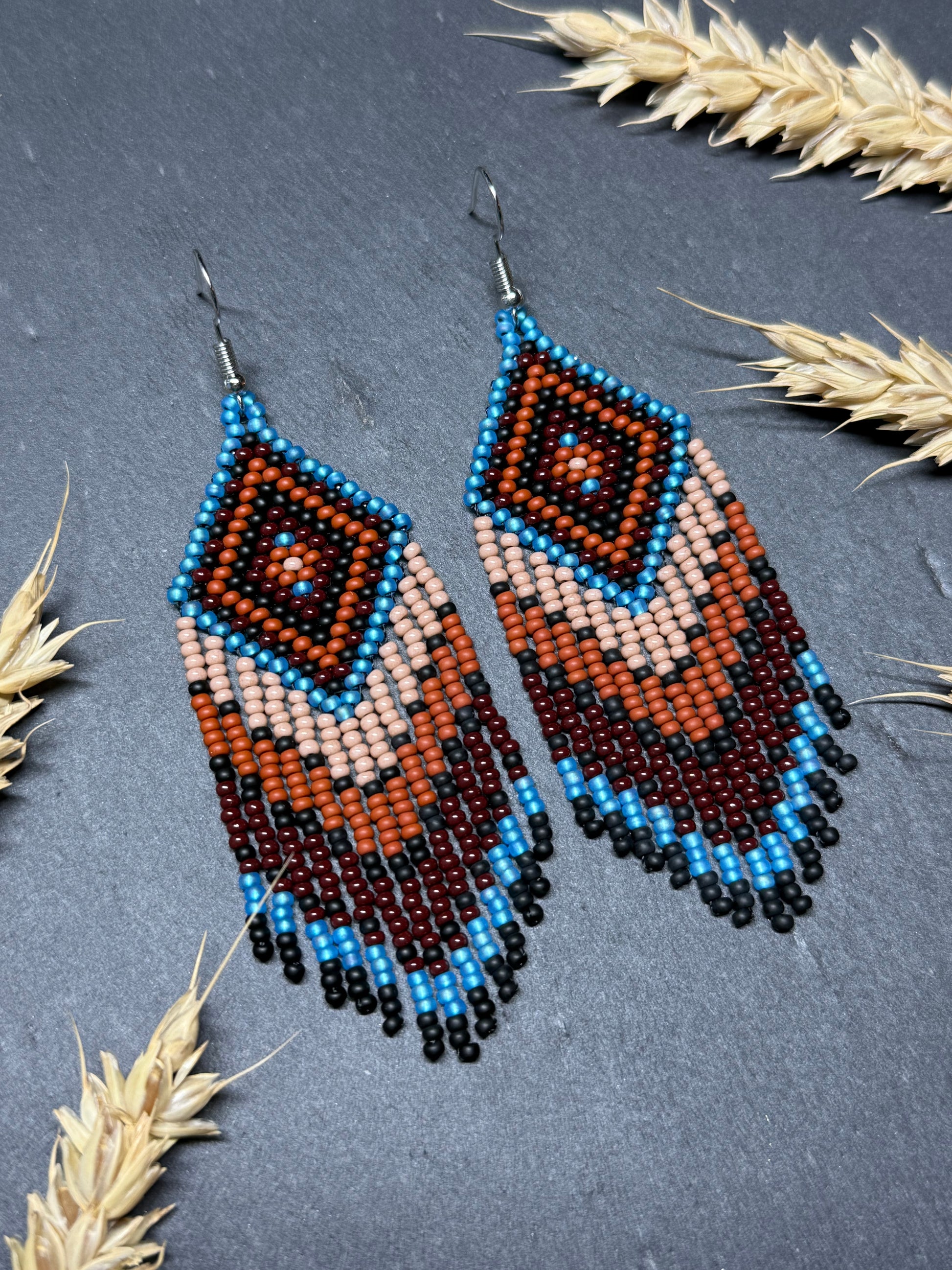 Handmade blue and brown beaded fringe earrings with geometric style. Unique bright boho statement jewelry with Native-inspired design and artisan beadwork image 17