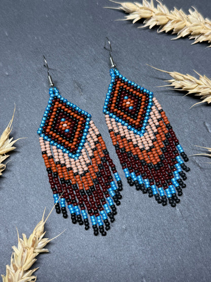 Handmade blue and brown beaded fringe earrings with geometric style. Unique bright boho statement jewelry with Native-inspired design and artisan beadwork image 17
