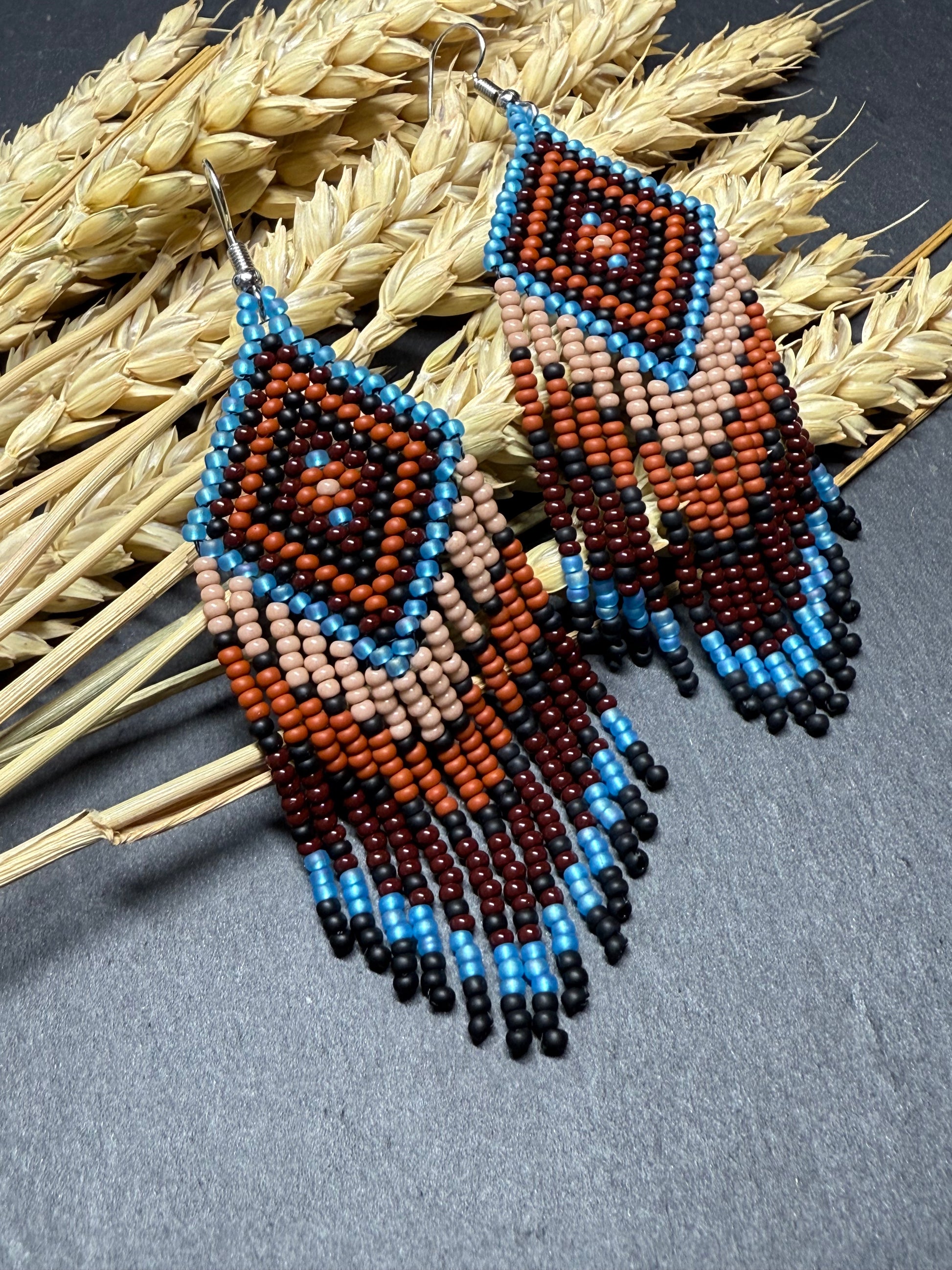 Handmade blue and brown beaded fringe earrings with geometric style. Unique bright boho statement jewelry with Native-inspired design and artisan beadwork image 18