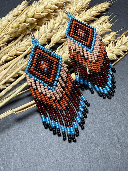 Handmade blue and brown beaded fringe earrings with geometric style. Unique bright boho statement jewelry with Native-inspired design and artisan beadwork image 18