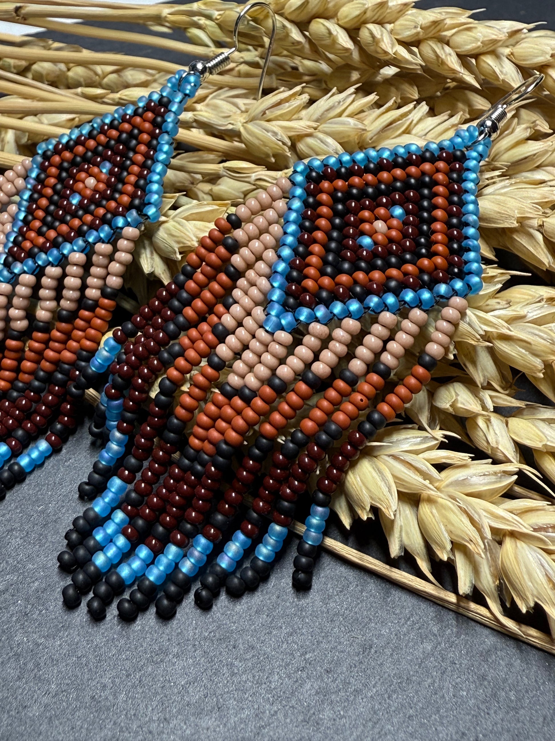 Handmade blue and brown beaded fringe earrings with geometric style. Unique bright boho statement jewelry with Native-inspired design and artisan beadwork image 19