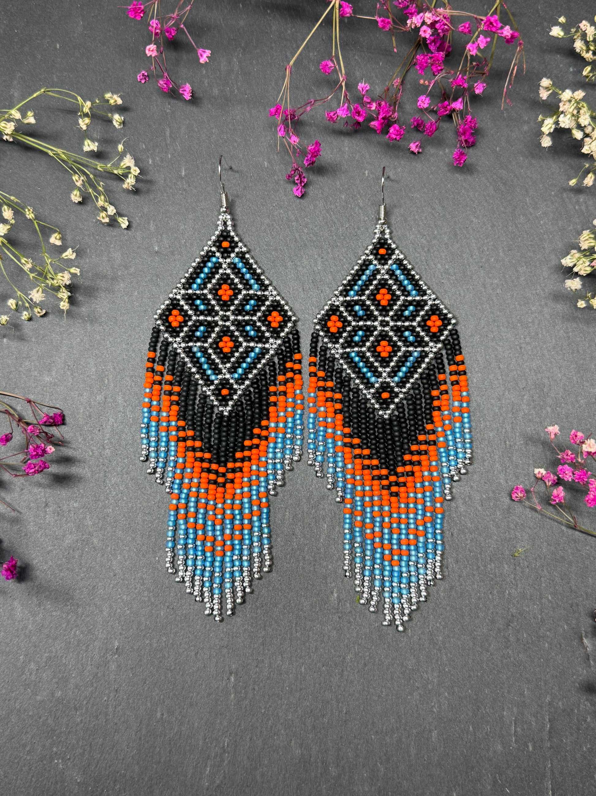 Black, blue, silver and orange beaded fringe earrings in boho and Native American style. Handmade statement earrings, unique colorful ethnic jewelry image 1