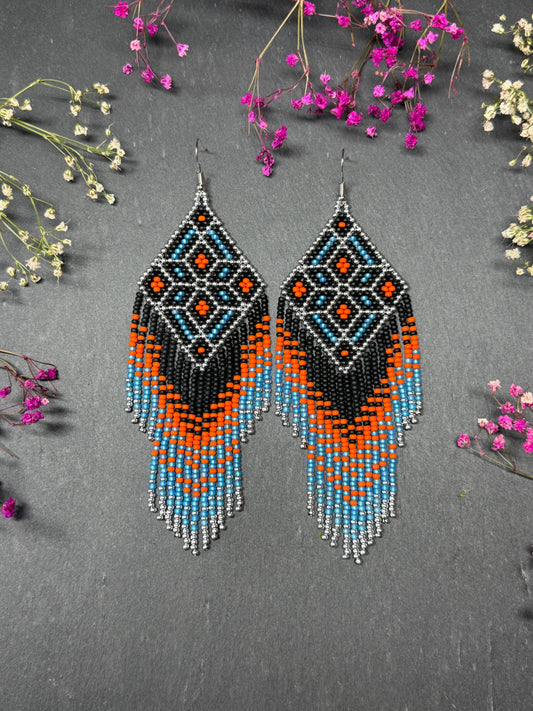 Black, blue, silver and orange beaded fringe earrings in boho and Native American style. Handmade statement earrings, unique colorful ethnic jewelry image 1