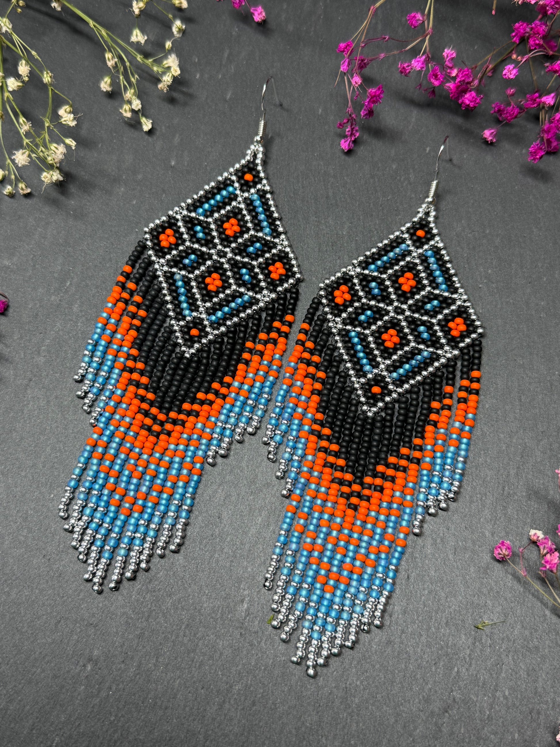 Black, blue, silver and orange beaded fringe earrings in boho and Native American style. Handmade statement earrings, unique colorful ethnic jewelry image 3