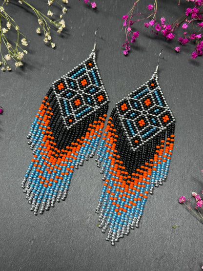 Black, blue, silver and orange beaded fringe earrings in boho and Native American style. Handmade statement earrings, unique colorful ethnic jewelry image 3