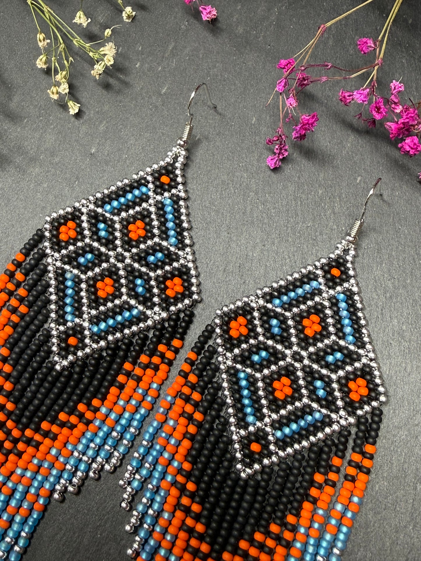 Black, blue, silver and orange beaded fringe earrings in boho and Native American style. Handmade statement earrings, unique colorful ethnic jewelry image 4