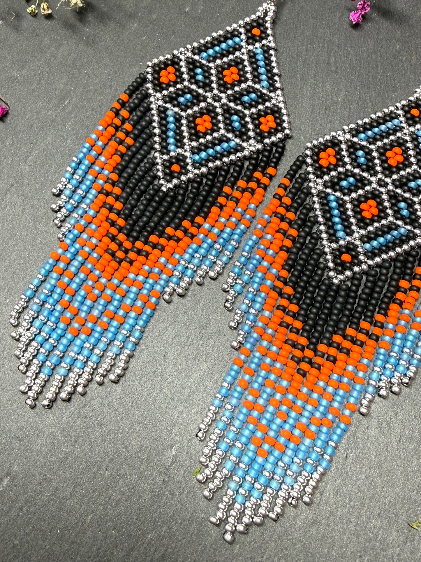 Black, blue, silver and orange beaded fringe earrings in boho and Native American style. Handmade statement earrings, unique colorful ethnic jewelry image 5