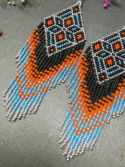 Black, blue, silver and orange beaded fringe earrings in boho and Native American style. Handmade statement earrings, unique colorful ethnic jewelry image 5