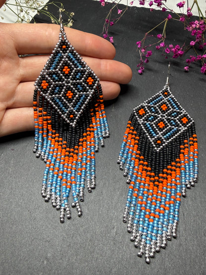 Black, blue, silver and orange beaded fringe earrings in boho and Native American style. Handmade statement earrings, unique colorful ethnic jewelry image 6