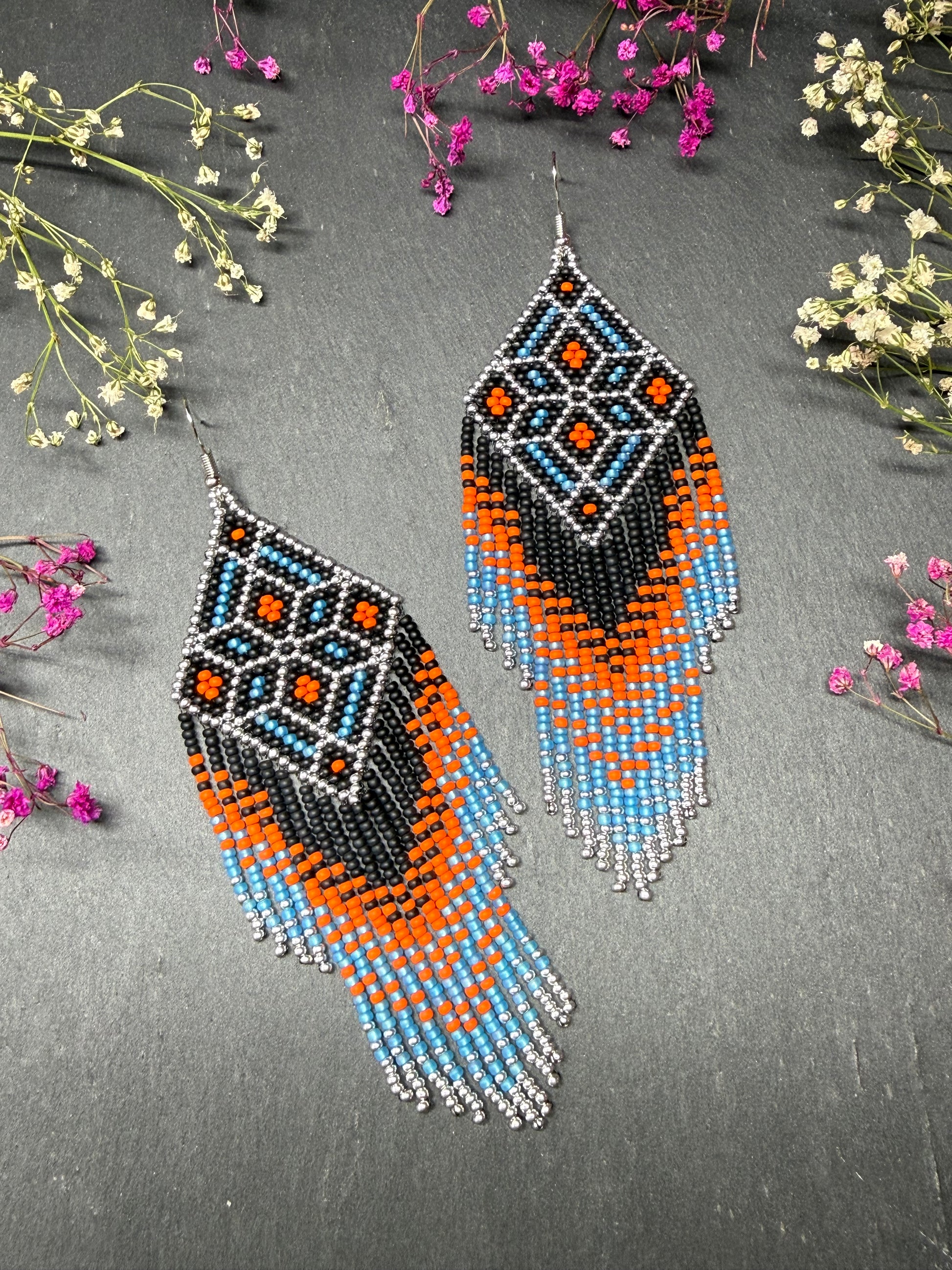 Black, blue, silver and orange beaded fringe earrings in boho and Native American style. Handmade statement earrings, unique colorful ethnic jewelry image 7