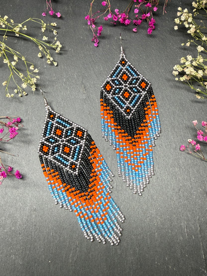 Black, blue, silver and orange beaded fringe earrings in boho and Native American style. Handmade statement earrings, unique colorful ethnic jewelry image 7
