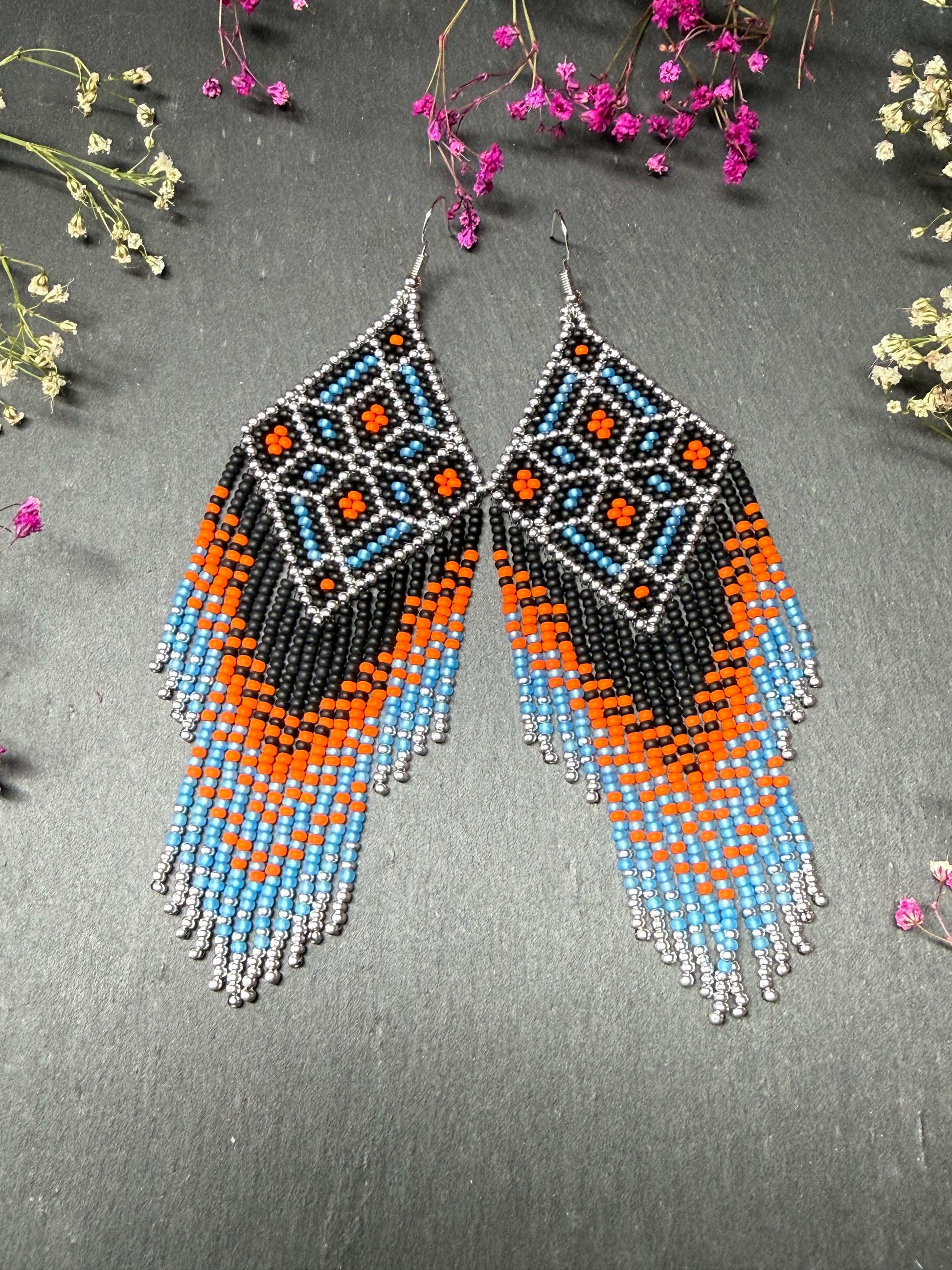 Black, blue, silver and orange beaded fringe earrings in boho and Native American style. Handmade statement earrings, unique colorful ethnic jewelry image 8