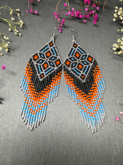 Black, blue, silver and orange beaded fringe earrings in boho and Native American style. Handmade statement earrings, unique colorful ethnic jewelry image 8