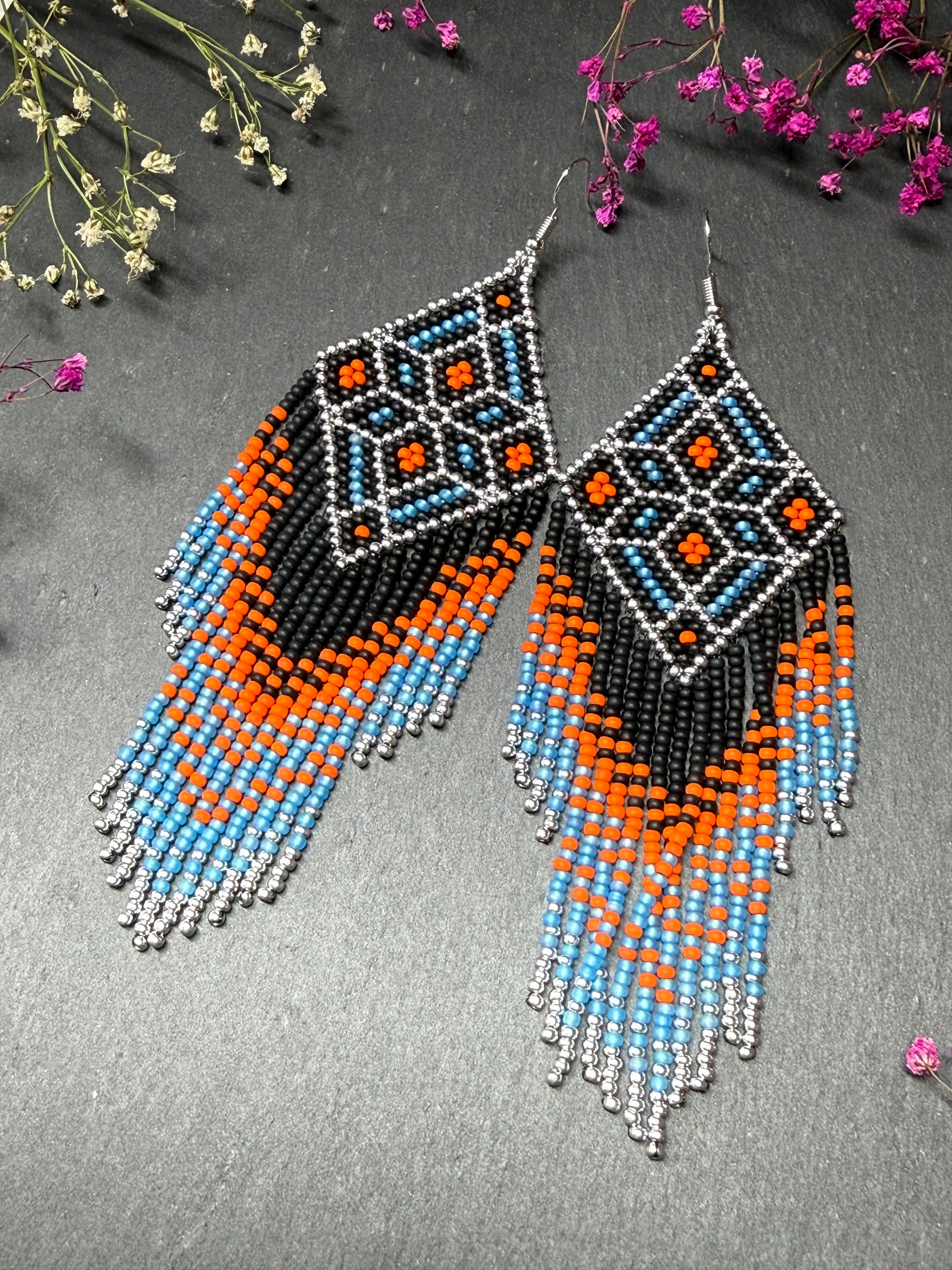 Black, blue, silver and orange beaded fringe earrings in boho and Native American style. Handmade statement earrings, unique colorful ethnic jewelry image 9