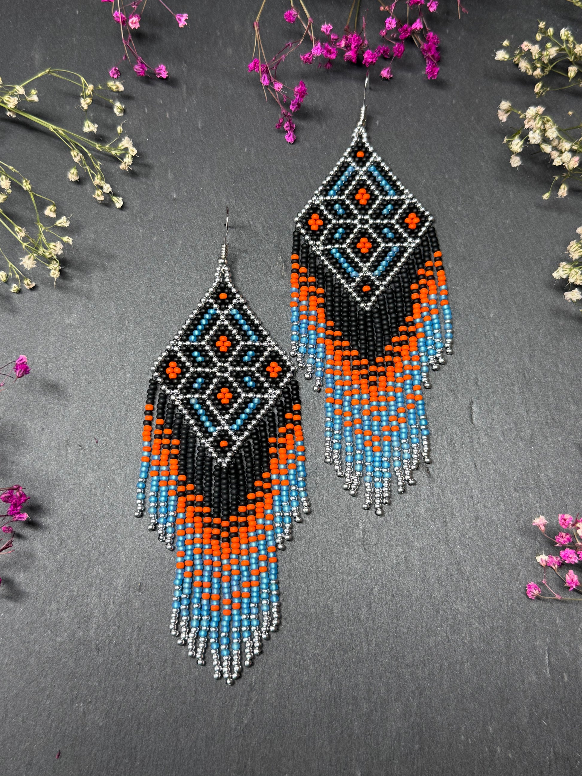 Black, blue, silver and orange beaded fringe earrings in boho and Native American style. Handmade statement earrings, unique colorful ethnic jewelry image 10