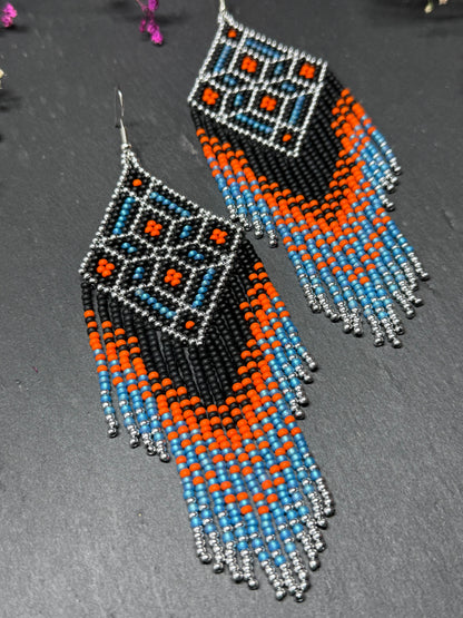 Black, blue, silver and orange beaded fringe earrings in boho and Native American style. Handmade statement earrings, unique colorful ethnic jewelry image 12