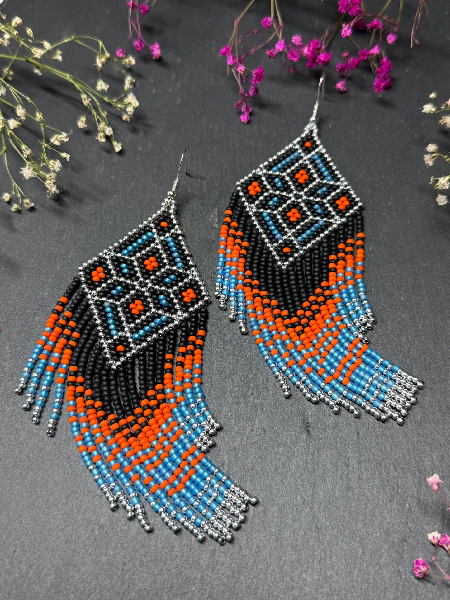 Black, blue, silver and orange beaded fringe earrings in boho and Native American style. Handmade statement earrings, unique colorful ethnic jewelry image 11