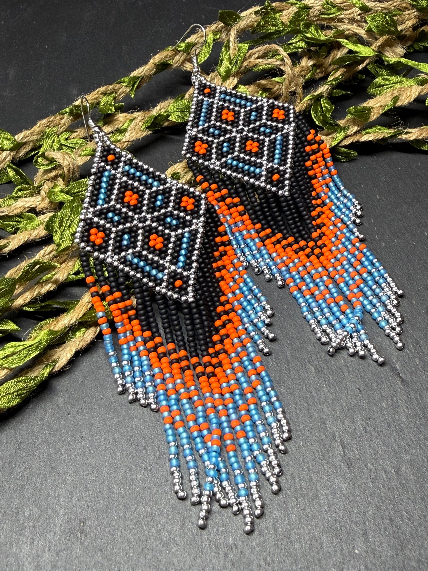 Black, blue, silver and orange beaded fringe earrings in boho and Native American style. Handmade statement earrings, unique colorful ethnic jewelry image 13