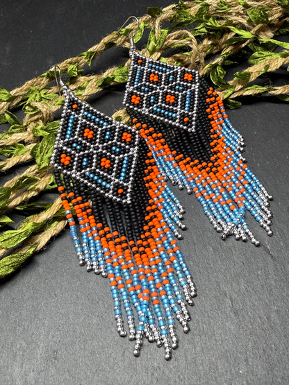 Black, blue, silver and orange beaded fringe earrings in boho and Native American style. Handmade statement earrings, unique colorful ethnic jewelry image 13