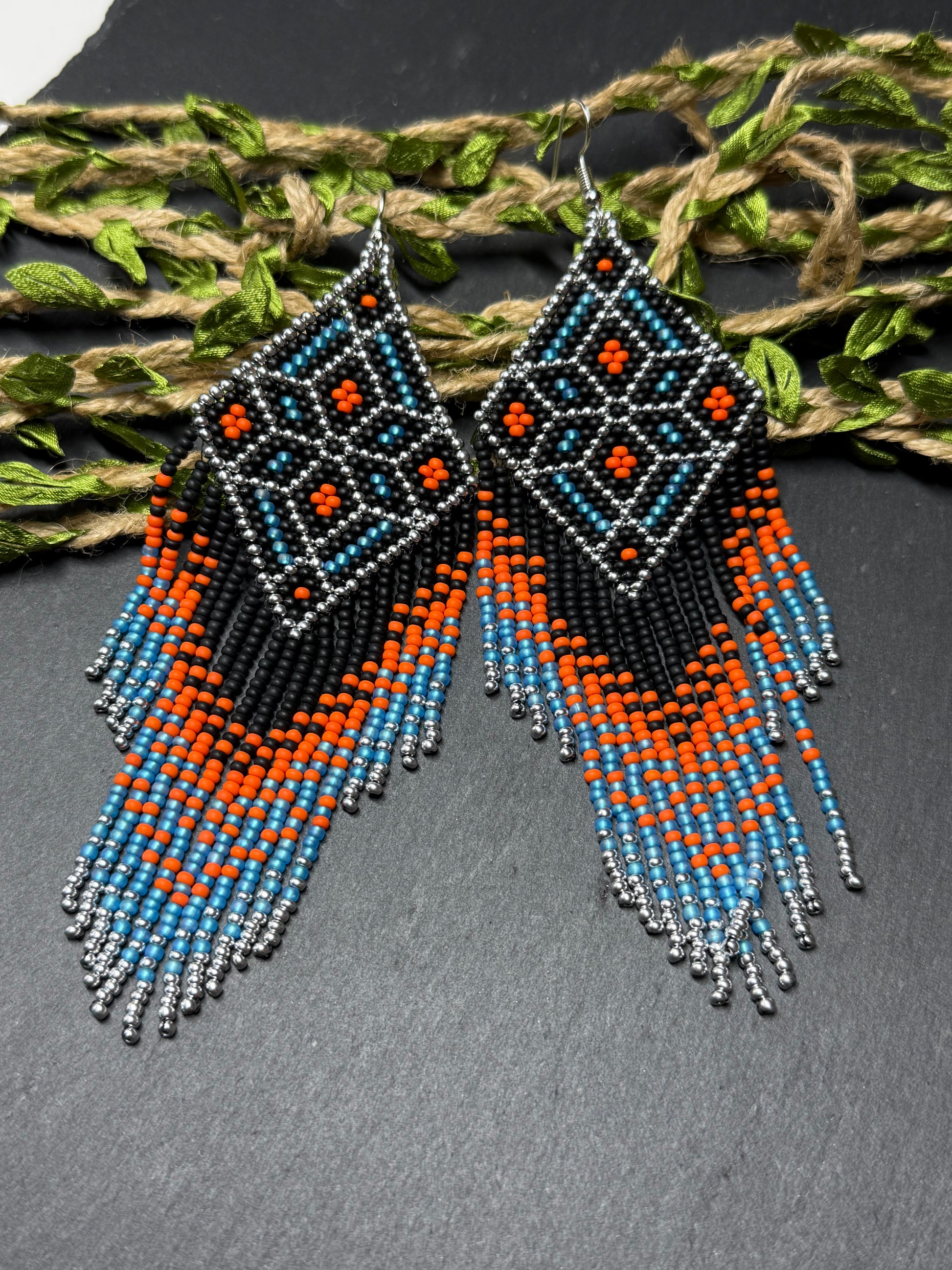 Black, blue, silver and orange beaded fringe earrings in boho and Native American style. Handmade statement earrings, unique colorful ethnic jewelry image 14